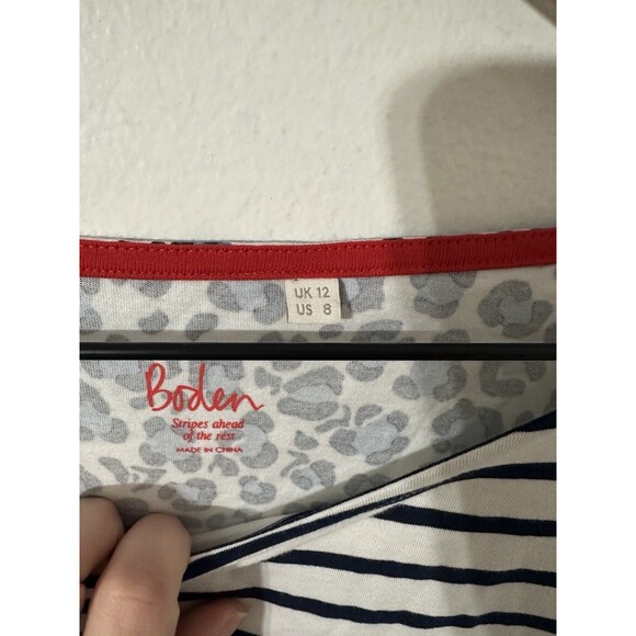 Boden Breton Stripe with Animal Leopard Print Long Sleeve Navy Sz 8 100% Cotton - Picture 4 of 6